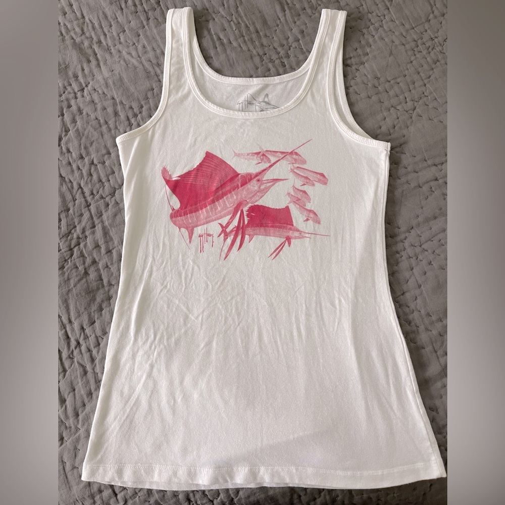 Guy Harvey White Tank Top Pink Florida Marlin Fishing Ocean Conservation Medium